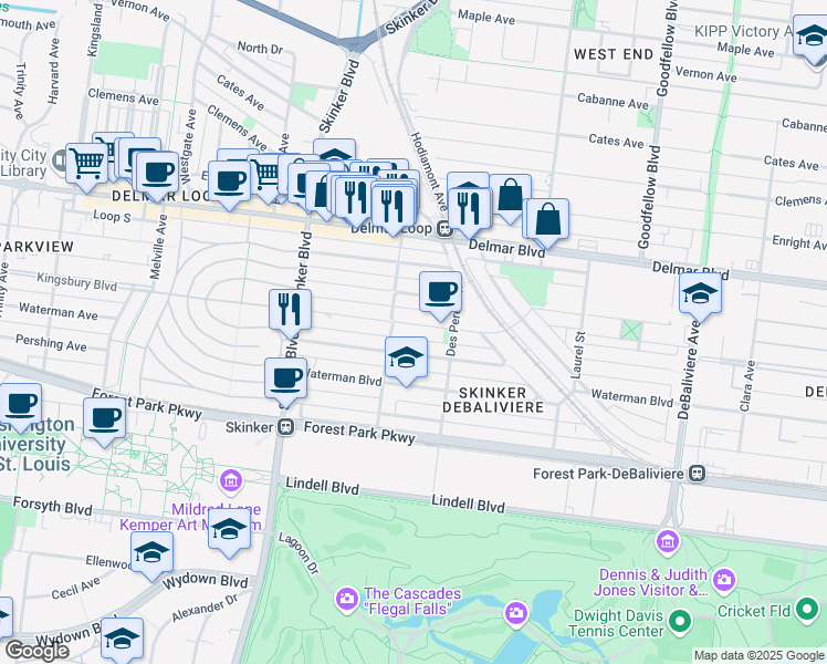 map of restaurants, bars, coffee shops, grocery stores, and more near 6040 Kingsbury Avenue in St. Louis