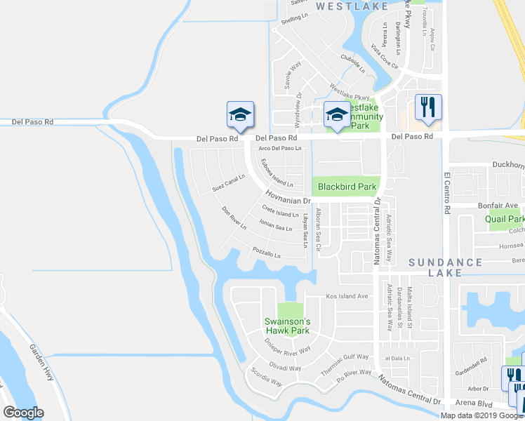 map of restaurants, bars, coffee shops, grocery stores, and more near 4048 Crete Island Lane in Sacramento