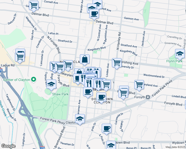 map of restaurants, bars, coffee shops, grocery stores, and more near 7821 Maryland Avenue in Clayton