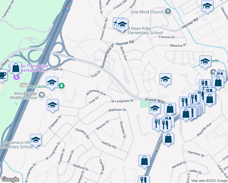 map of restaurants, bars, coffee shops, grocery stores, and more near 13941 Hollow Wind Way in Woodbridge