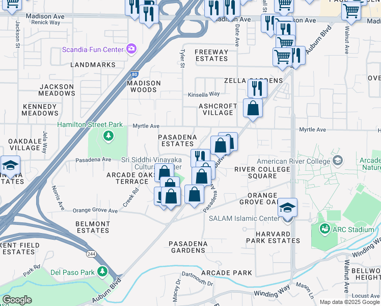 map of restaurants, bars, coffee shops, grocery stores, and more near 4938 Pasadena Avenue in Sacramento