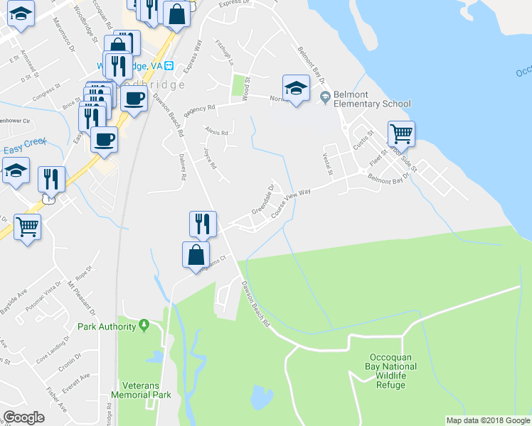 map of restaurants, bars, coffee shops, grocery stores, and more near 744 Collington Court in Woodbridge