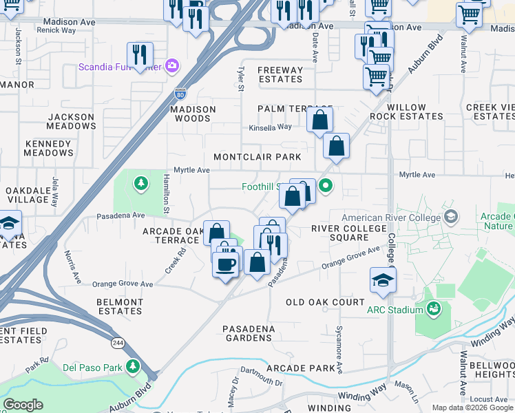 map of restaurants, bars, coffee shops, grocery stores, and more near in North Highlands