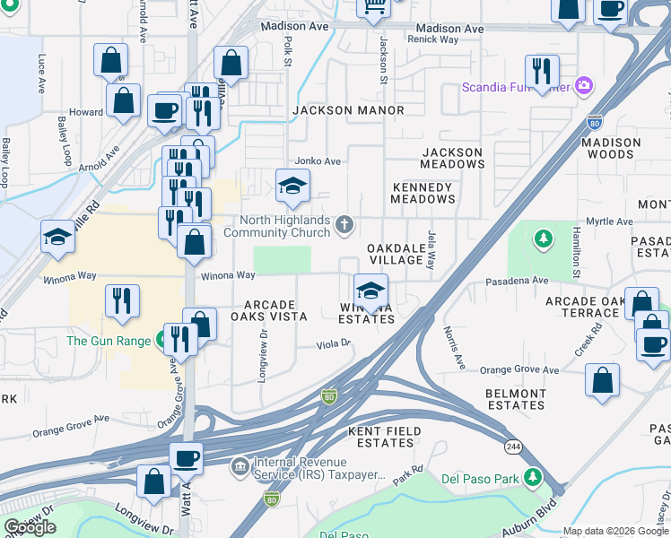 map of restaurants, bars, coffee shops, grocery stores, and more near 3800 Donna Circle in North Highlands