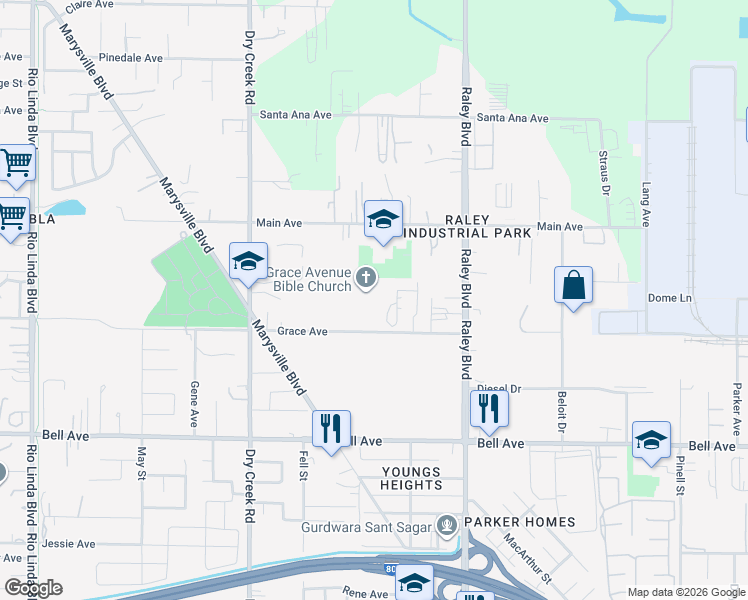 map of restaurants, bars, coffee shops, grocery stores, and more near 1441 Grace Avenue in Sacramento