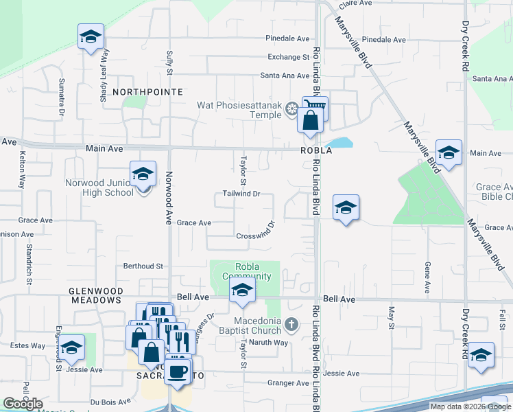 map of restaurants, bars, coffee shops, grocery stores, and more near 15 Baywind Court in Sacramento