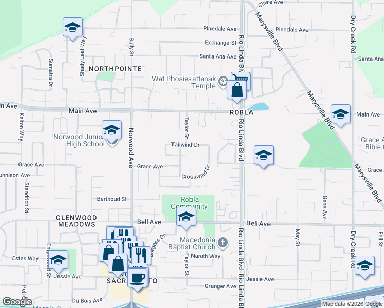 map of restaurants, bars, coffee shops, grocery stores, and more near 15 Baywind Court in Sacramento