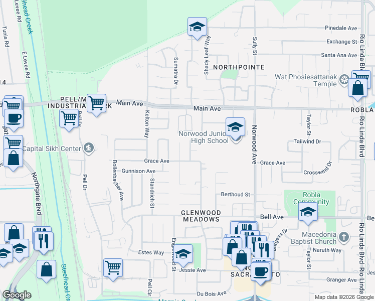 map of restaurants, bars, coffee shops, grocery stores, and more near 4619 Danroth Drive in Sacramento