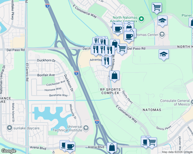 map of restaurants, bars, coffee shops, grocery stores, and more near 17 Advantage Court in Sacramento