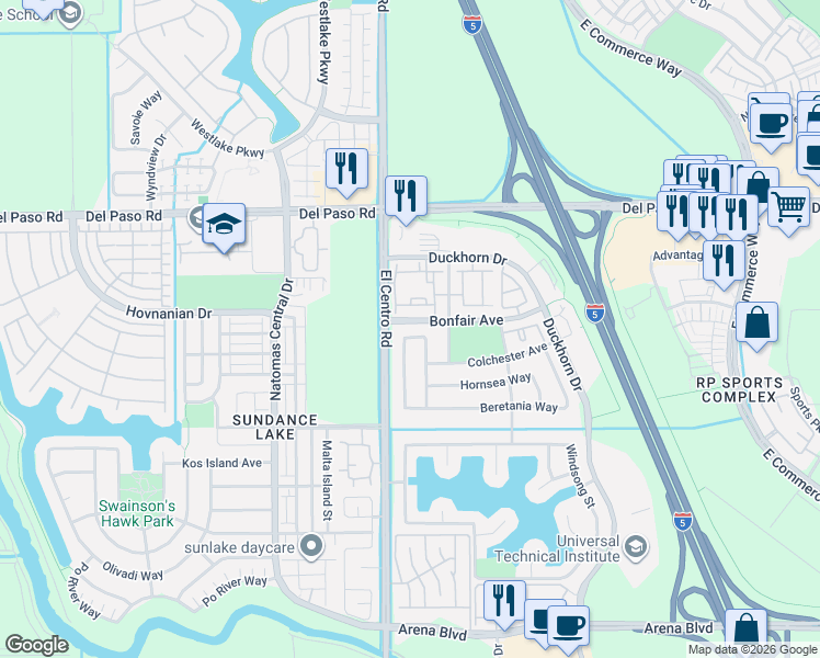map of restaurants, bars, coffee shops, grocery stores, and more near 270 Aldeburgh Circle in Sacramento
