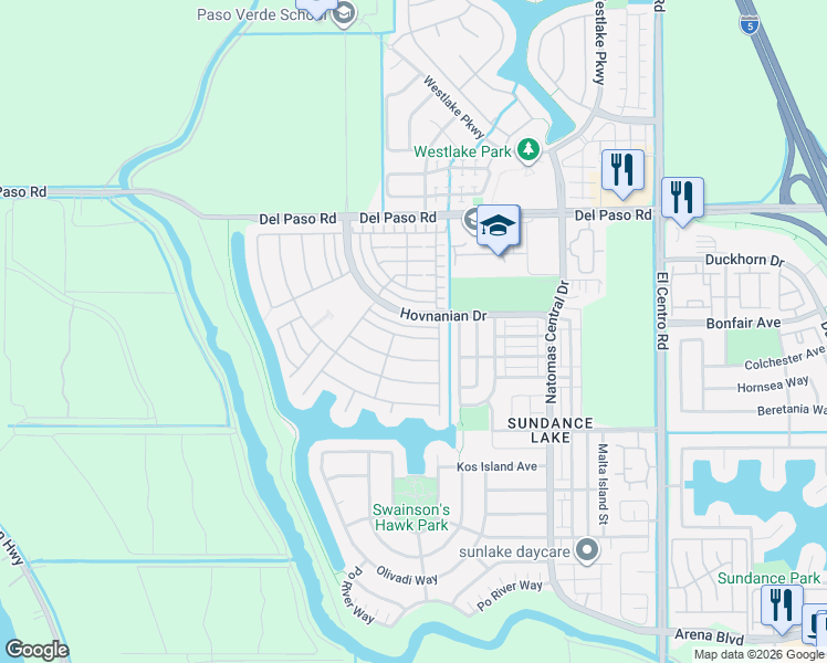 map of restaurants, bars, coffee shops, grocery stores, and more near 3949 Crete Island Lane in Sacramento