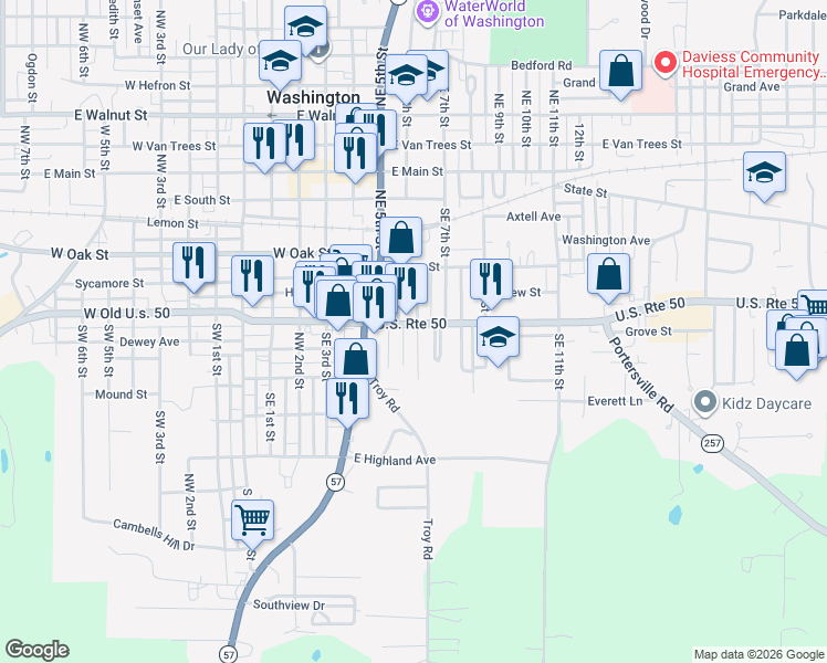 map of restaurants, bars, coffee shops, grocery stores, and more near 500-522 Southeast 5th Street in Washington