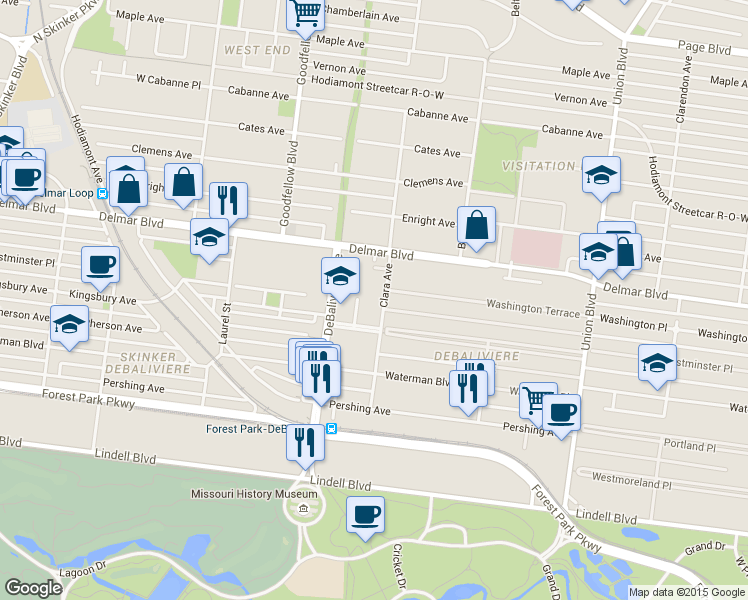 map of restaurants, bars, coffee shops, grocery stores, and more near 5655 Kingsbury Avenue in St. Louis