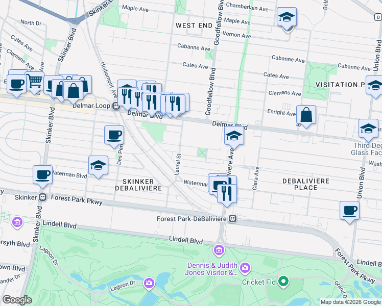 map of restaurants, bars, coffee shops, grocery stores, and more near 5763 Kingsbury Place in St. Louis