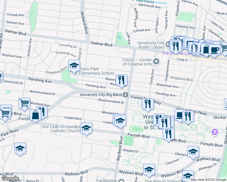 map of restaurants, bars, coffee shops, grocery stores, and more near 7034 Wellesley Avenue in University City