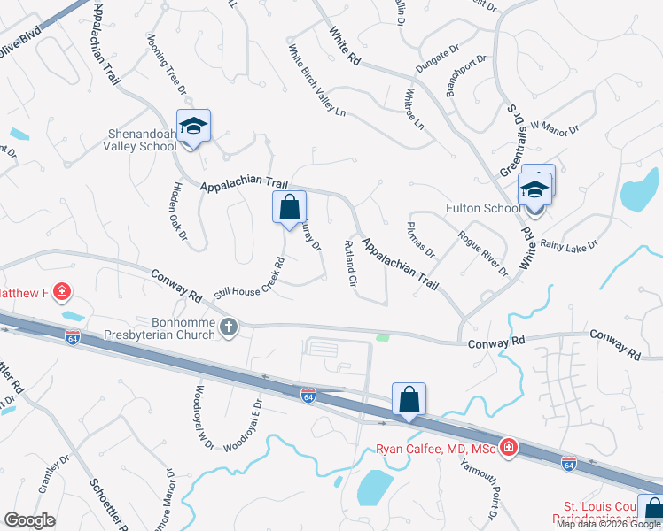 map of restaurants, bars, coffee shops, grocery stores, and more near 15261 Springrun Drive in Chesterfield