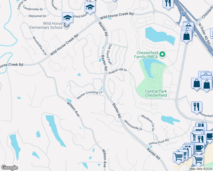 map of restaurants, bars, coffee shops, grocery stores, and more near 741 Stone Meadow Drive in Chesterfield
