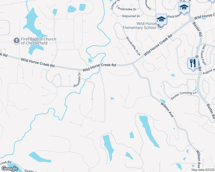 map of restaurants, bars, coffee shops, grocery stores, and more near 16902 Wild Horse Creek Road in Chesterfield