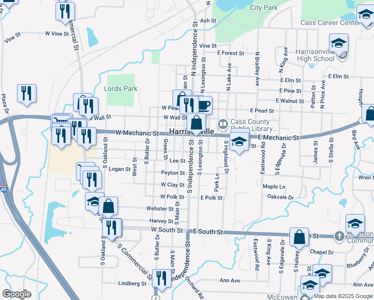 map of restaurants, bars, coffee shops, grocery stores, and more near 505 South Independence Street in Harrisonville