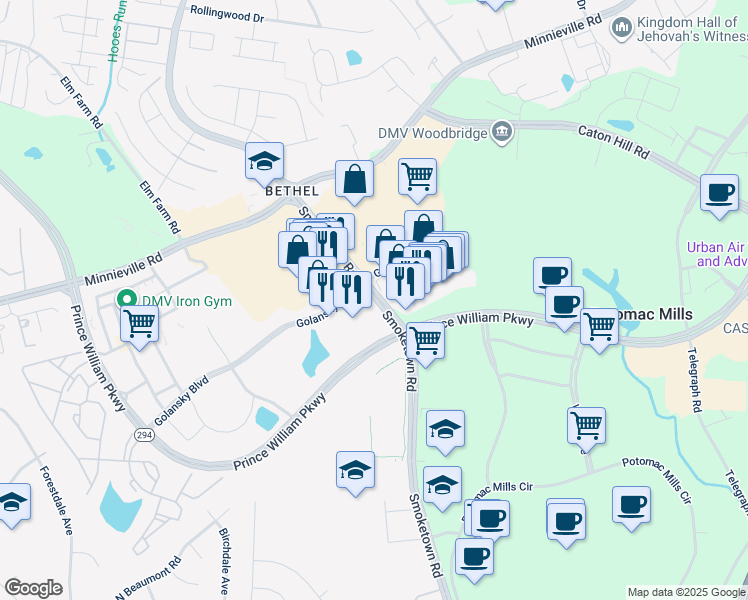 map of restaurants, bars, coffee shops, grocery stores, and more near 13900 Smoketown Road in Woodbridge
