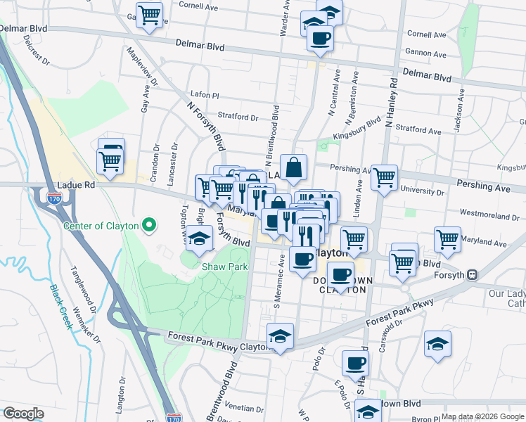 map of restaurants, bars, coffee shops, grocery stores, and more near 8077 Maryland Avenue in Clayton