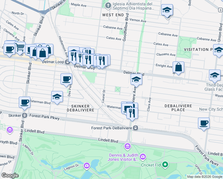 map of restaurants, bars, coffee shops, grocery stores, and more near 5763 Kingsbury Place in St. Louis