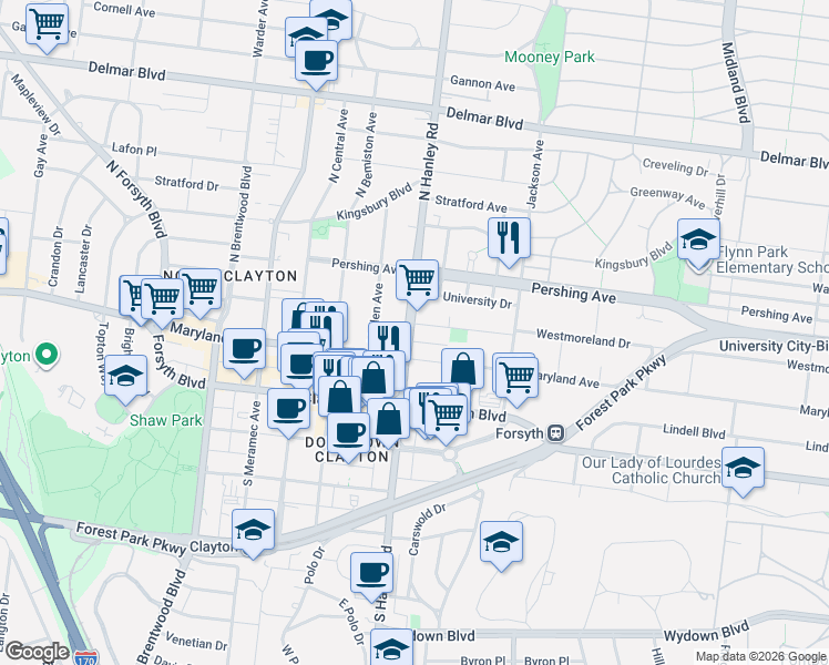 map of restaurants, bars, coffee shops, grocery stores, and more near 7628 Westmoreland Avenue in Clayton