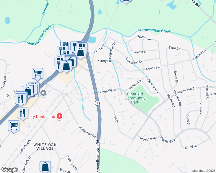 map of restaurants, bars, coffee shops, grocery stores, and more near 2217 Pinefield Way in Waldorf