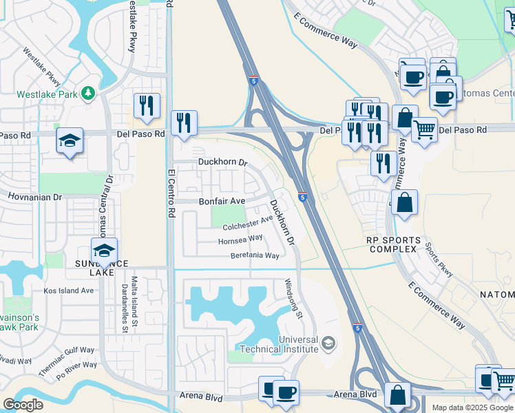 map of restaurants, bars, coffee shops, grocery stores, and more near 1 Hertford Circle in Sacramento