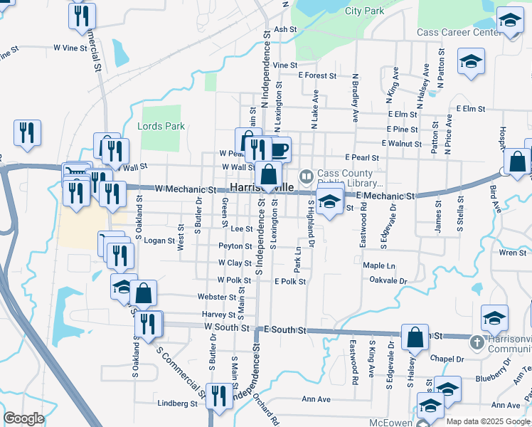 map of restaurants, bars, coffee shops, grocery stores, and more near 505 South Independence Street in Harrisonville