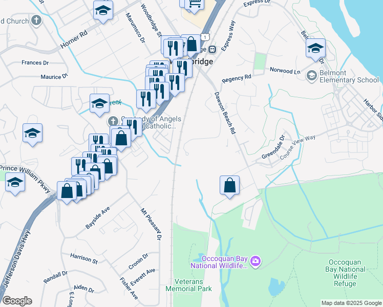 map of restaurants, bars, coffee shops, grocery stores, and more near 13750 Dabney Road in Woodbridge