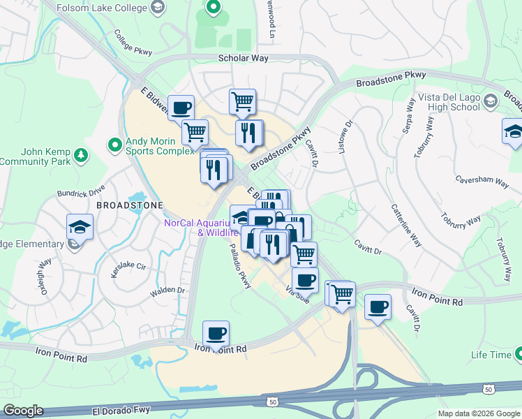 map of restaurants, bars, coffee shops, grocery stores, and more near 2840 East Bidwell Street in Folsom