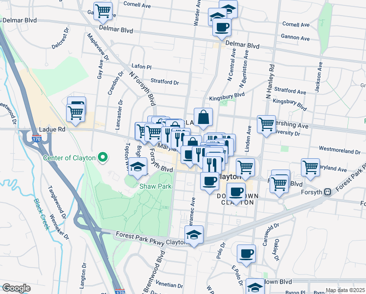 map of restaurants, bars, coffee shops, grocery stores, and more near 8025 Maryland Avenue in Clayton