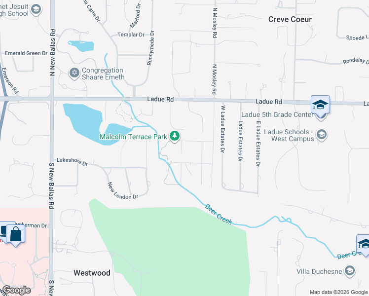 map of restaurants, bars, coffee shops, grocery stores, and more near 216 Townsend Street in Creve Coeur