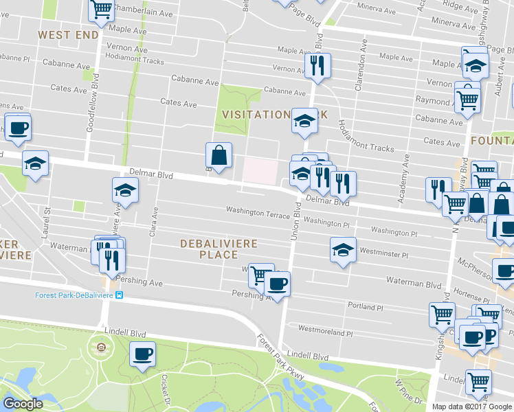 map of restaurants, bars, coffee shops, grocery stores, and more near 13 Washington Terrace in St. Louis