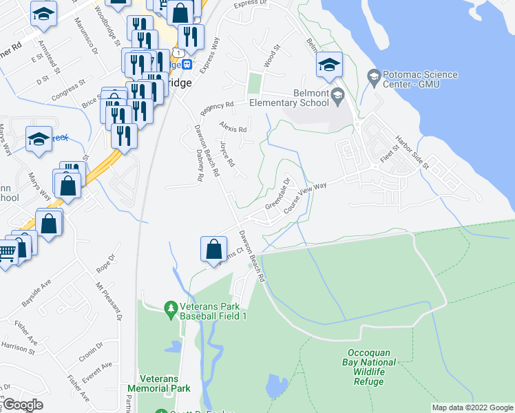 map of restaurants, bars, coffee shops, grocery stores, and more near 13960 Greendale Drive in Woodbridge