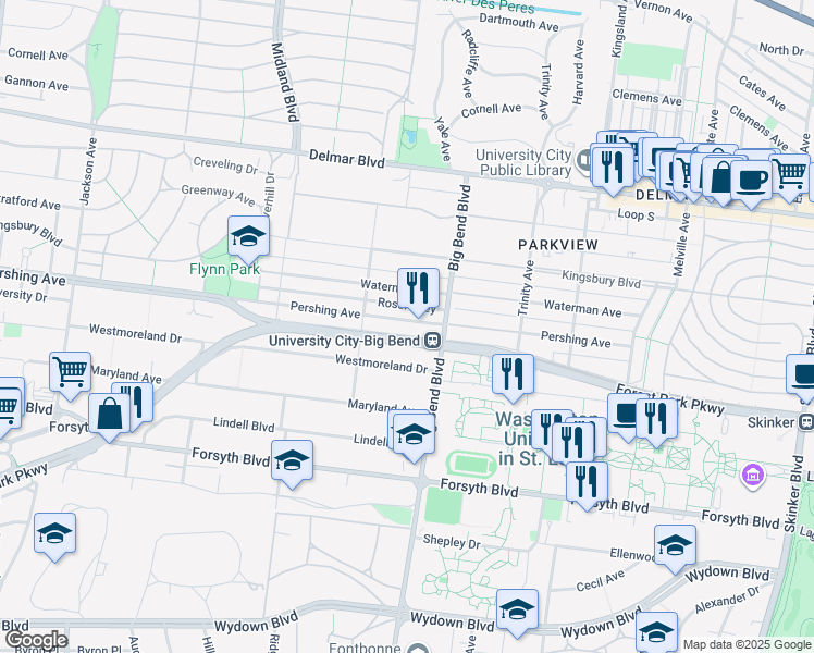 map of restaurants, bars, coffee shops, grocery stores, and more near 7030 Pershing Avenue in University City