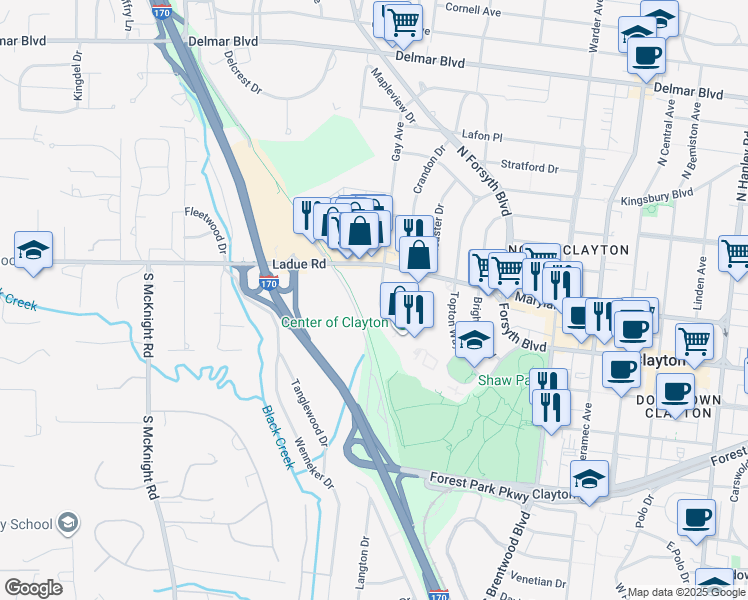 map of restaurants, bars, coffee shops, grocery stores, and more near 8818 Ladue Road in St. Louis