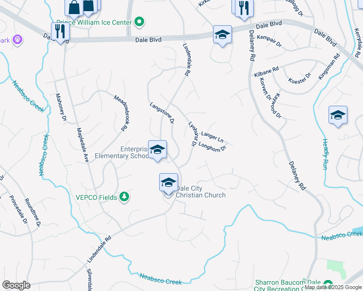map of restaurants, bars, coffee shops, grocery stores, and more near 13879 Langstone Drive in Woodbridge