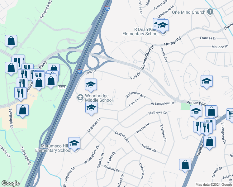 map of restaurants, bars, coffee shops, grocery stores, and more near 13915 Longwood Manor Court in Woodbridge