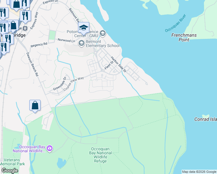 map of restaurants, bars, coffee shops, grocery stores, and more near 13825 Clear Lake Circle in Woodbridge