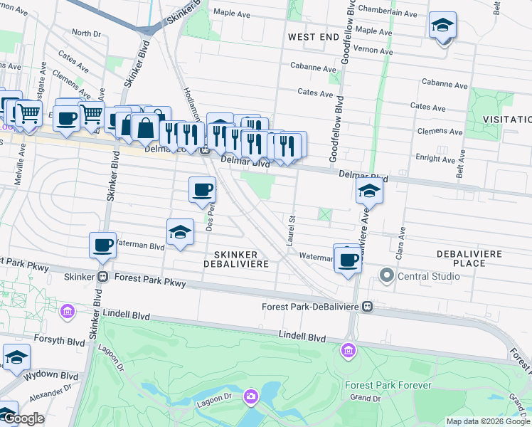 map of restaurants, bars, coffee shops, grocery stores, and more near 5864 De Giverville Avenue in St. Louis