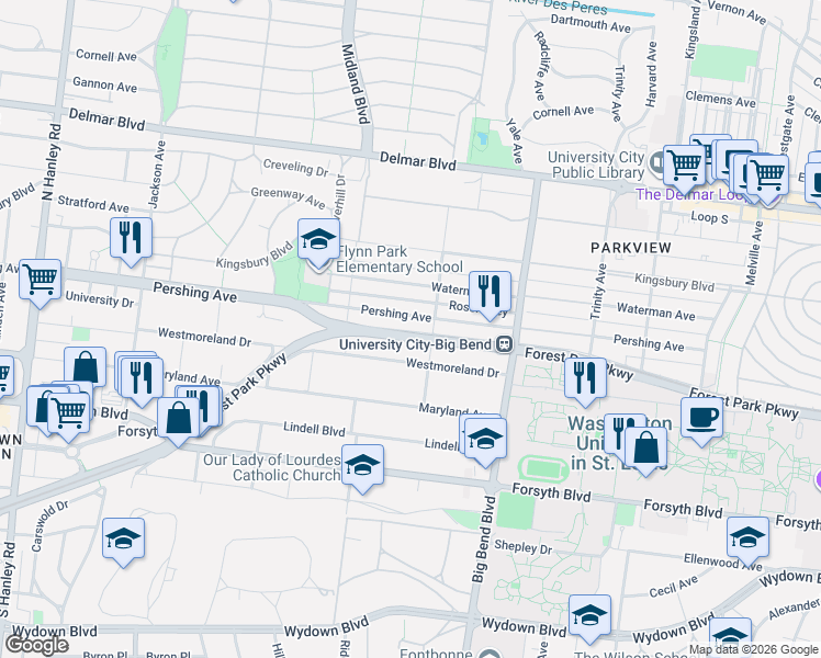 map of restaurants, bars, coffee shops, grocery stores, and more near 7034 Pershing Ave in St Louis