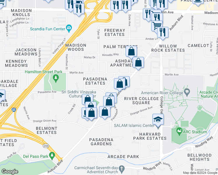 map of restaurants, bars, coffee shops, grocery stores, and more near 4812 Pasa Robles Drive in Sacramento