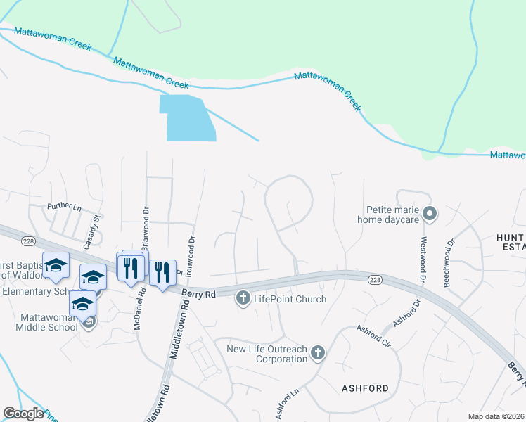 map of restaurants, bars, coffee shops, grocery stores, and more near 2271 Community Drive in Waldorf