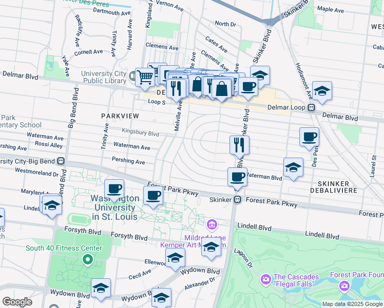 map of restaurants, bars, coffee shops, grocery stores, and more near 6351 Waterman Avenue in University City