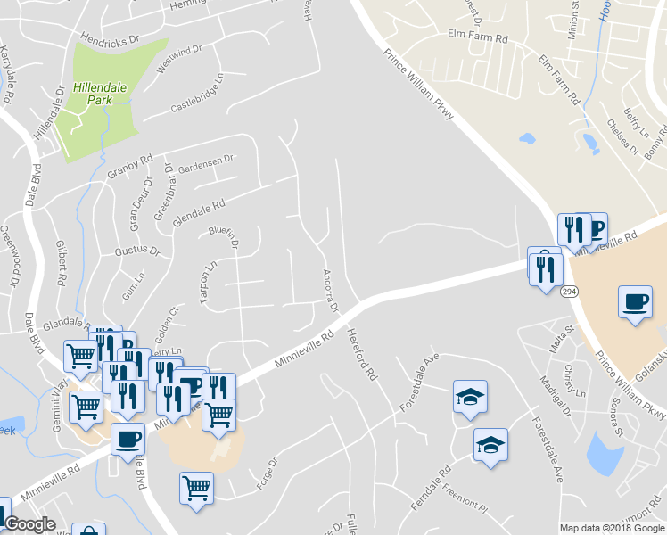 map of restaurants, bars, coffee shops, grocery stores, and more near 13879 Andorra Drive in Woodbridge