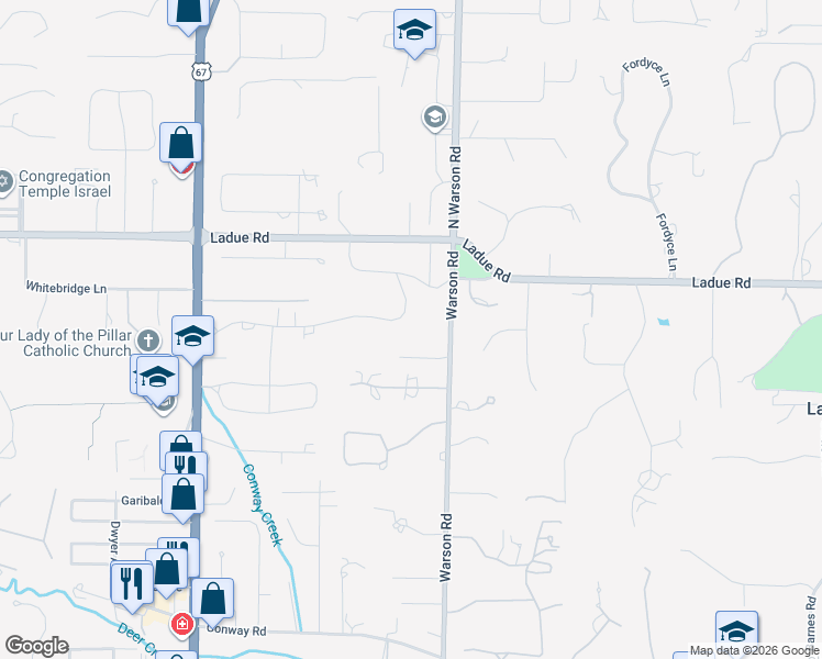 map of restaurants, bars, coffee shops, grocery stores, and more near 16 Clermont Ln in St Louis