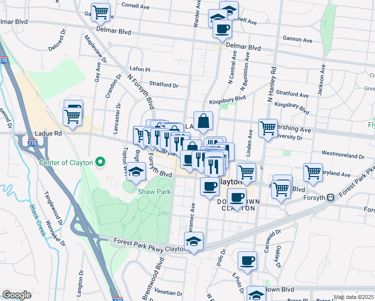 map of restaurants, bars, coffee shops, grocery stores, and more near 8077 Maryland Avenue in Clayton