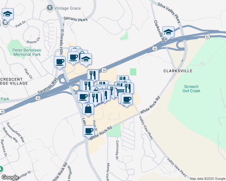 map of restaurants, bars, coffee shops, grocery stores, and more near 4363 Town Center Boulevard in El Dorado Hills